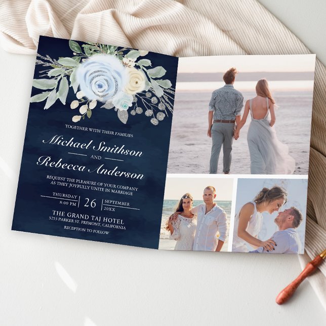 Staubblaues Blumenmuster QR-Code Navy-Hochzeit Einladung (Von Creator hochgeladen)