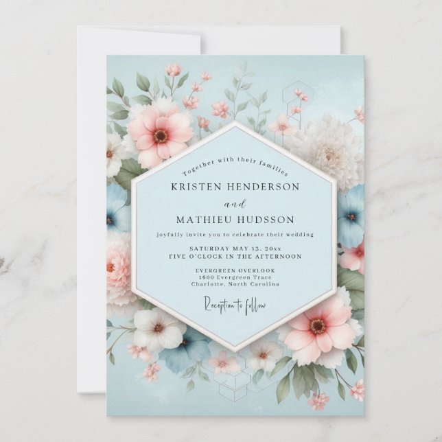 Staubblaues Blumenparadies Hochzeit Einladung (Vorderseite)