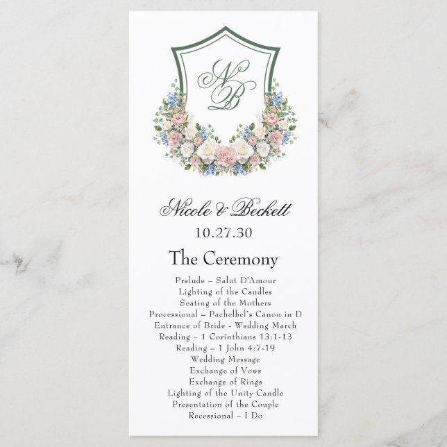 Staubblaues Blumenwappen-Hochzeitsprogramm Programm (Vorderseite)