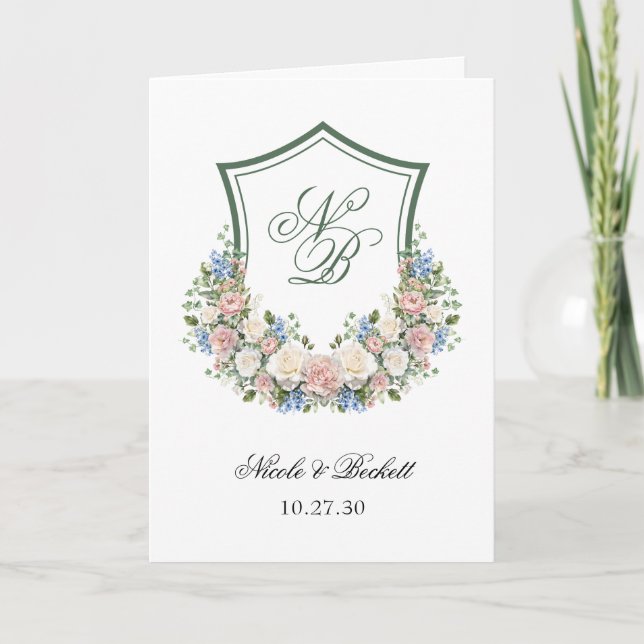 Staubblaues Blumenwappen-Hochzeitsprogramm Programm (Vorderseite)