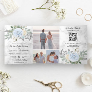 Staubblaues Blumenweißes Marmor-QR-Code-Hochzeit Dreifach Gefaltete Einladung