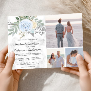 Staubblaues Blumenweißes Marmor-QR-Code-Hochzeit Einladung