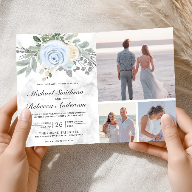 Staubblaues Blumenweißes Marmor-QR-Code-Hochzeit Einladung (Von Creator hochgeladen)