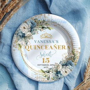Staubblaues Boho-Grün mit Gold-Glitter Quinceañera Pappteller