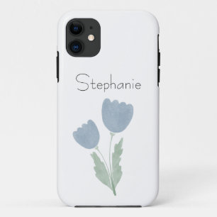 Staubblaues einfaches Aquarell-Blumen-Name Case-Mate iPhone Hülle