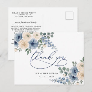Staubblaues Elfenbein-Rosé-Blumen-Modern-Dankeschö Postkarte