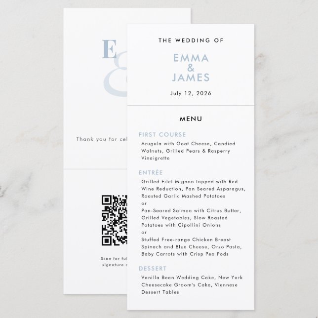 Staubblaues Et-Zeichen Hochzeit | QR-Code | Elegan Menükarte (Vorne/Hinten)