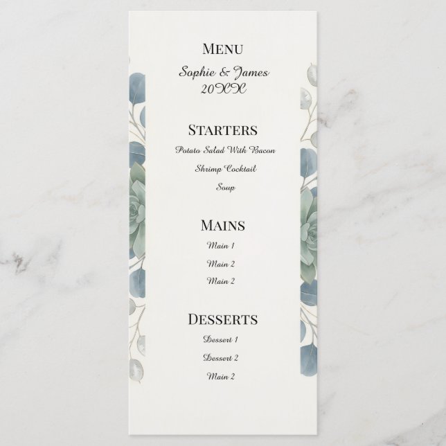 Staubblaues Eukalyptus-Hochzeitsmenü Menükarte (Vorderseite)