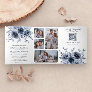 Staubblaues Florales All-in-One QR-Code Hochzeit Dreifach Gefaltete Einladung