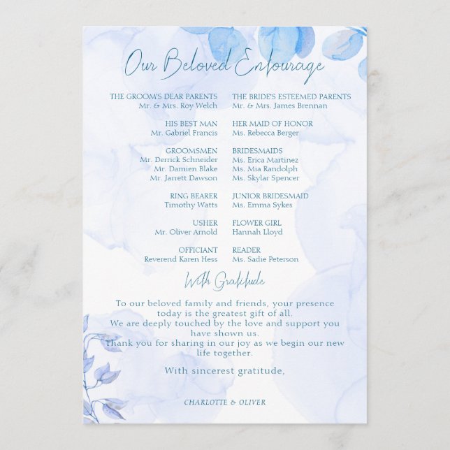 Staubblaues florales Aquarell-Hochzeitsprogramm Ta Programm (Rückseite)