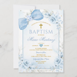 Staubblaues florales Band Coquette Goldkreuz Taufe Einladung