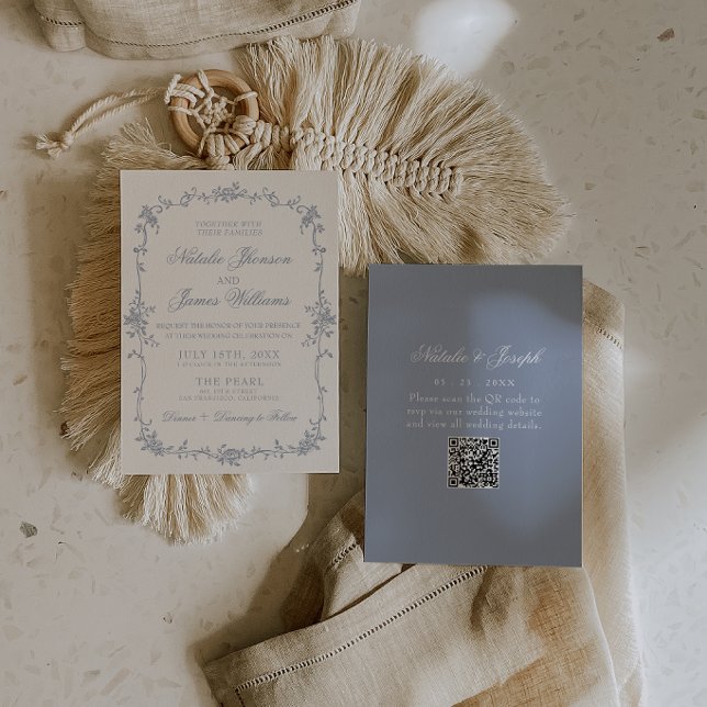 Staubblaues Florales Boho Botanisches QR-Code Hoch Einladung (Von Creator hochgeladen)