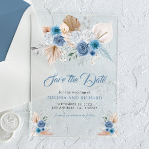 Staubblaues Florales Boho Hochzeit Save the Date Acryleinladungen