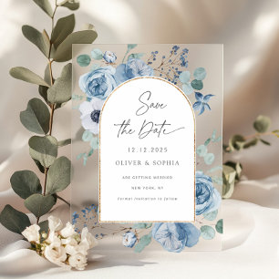 Staubblaues florales goldenes Tor Save the Date Acryleinladungen