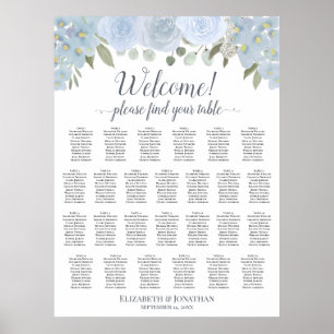 Staubblaues florales Hochzeitssitzplan für 26 Tisc Poster