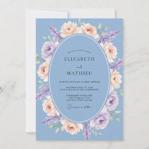 Staubblaues florales ovales Hochzeitsmotiv Einladung