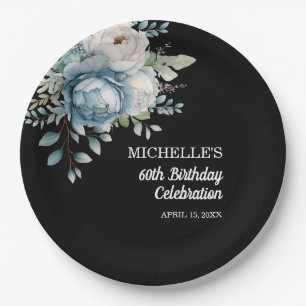Staubblaues Florales Schwarz 60. Geburtstag Pappteller