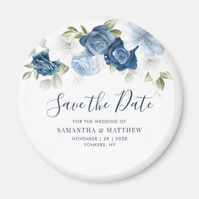Staubblaues florales Skript Andenken Save the Date Magnet (Vorne)