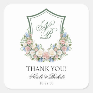 Staubblaues Florales Wappen Hochzeit Danke schön Quadratischer Aufkleber