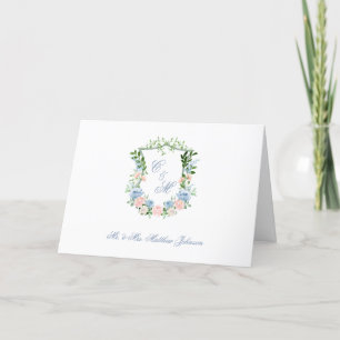 Staubblaues florales Wappen Hochzeit Dankeskarte
