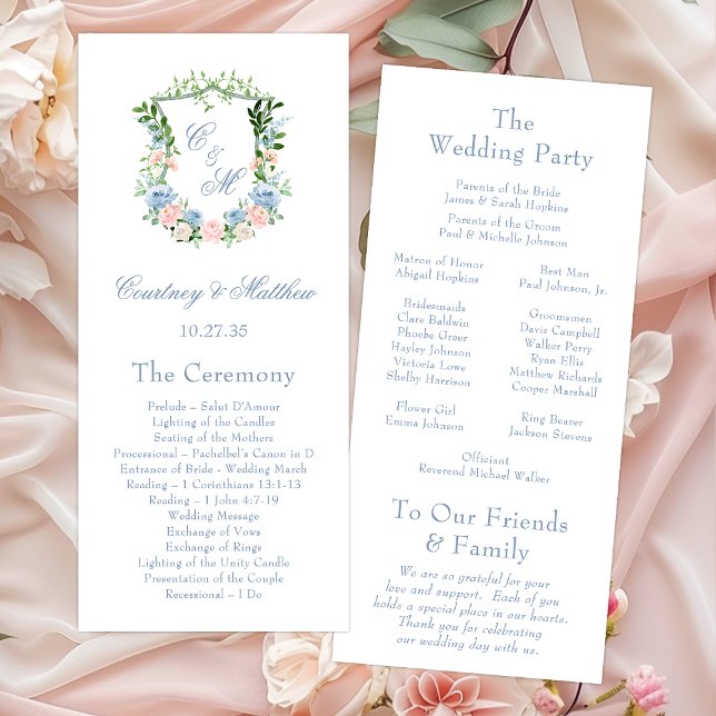 Staubblaues florales Wappen Hochzeit Programm (Von Creator hochgeladen)