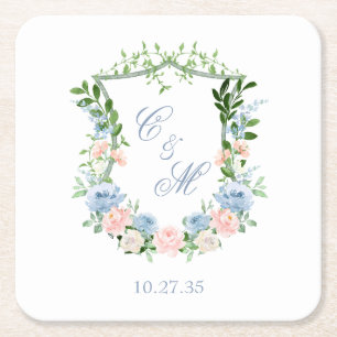 Staubblaues florales Wappen Hochzeit Rechteckiger Pappuntersetzer