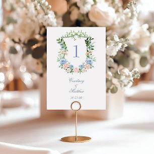 Staubblaues florales Wappen Hochzeit Tischnummer