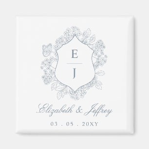 Staubblaues florales Wappen-Monogramm Hochzeit Magnet