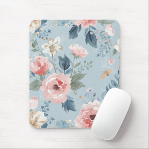 Staubblaues florales Wasserfarben-Garten-Rosa Blüt Mousepad