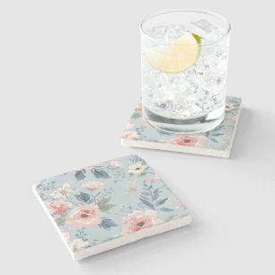 Staubblaues florales Wasserfarben-Garten-Rosa-Blüt Steinuntersetzer