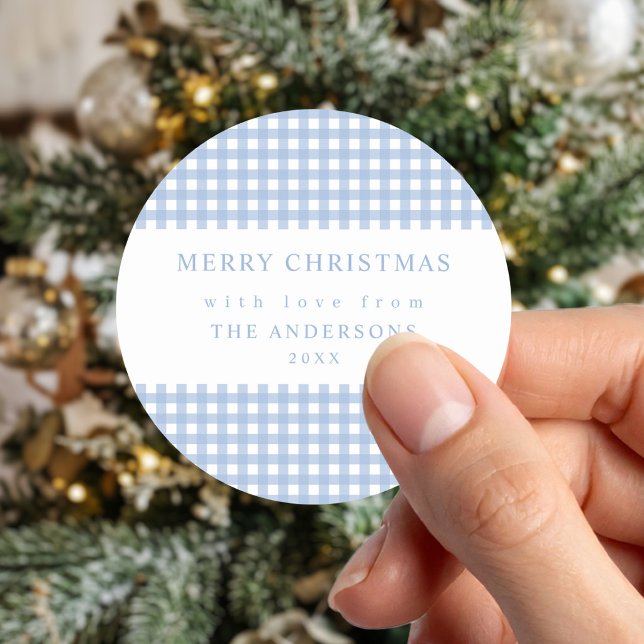 Staubblaues Gingham-Weihnachten Runder Aufkleber (Von Creator hochgeladen)