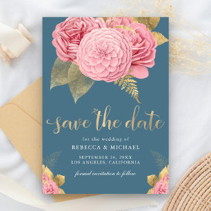Staubblaues Gold Rosa Florales Hochzeitsthema Save The Date