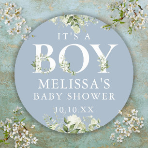 Staubblaues Grün Florales It's a Boy Baby Shower Runder Aufkleber