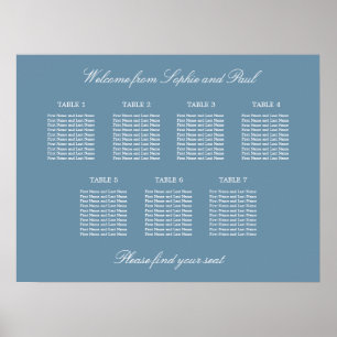 Staubblaues Hochzeits-Sitzplan-Poster für 7 Tische Poster