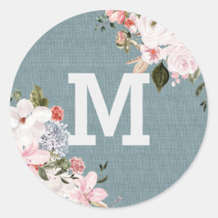 Staubblaues Jute-Rustikal-Floral-Hochzeitsmonogram Runder Aufkleber