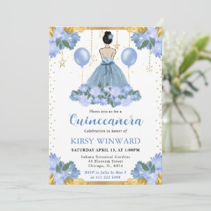 Staubblaues Kleid Brünette Prinzessin Quinceanera Einladung
