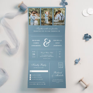Staubblaues Minimal 3 in 1 Foto-Collage-Hochzeit Dreifach Gefaltete Einladung
