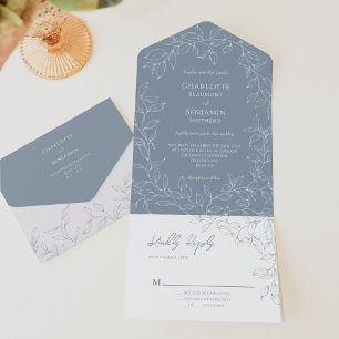 Staubblaues Minimal-Blatt-Hochzeit All In One Einladung