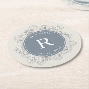 Staubblaues Monogramm Hochzeit Runder Pappuntersetzer