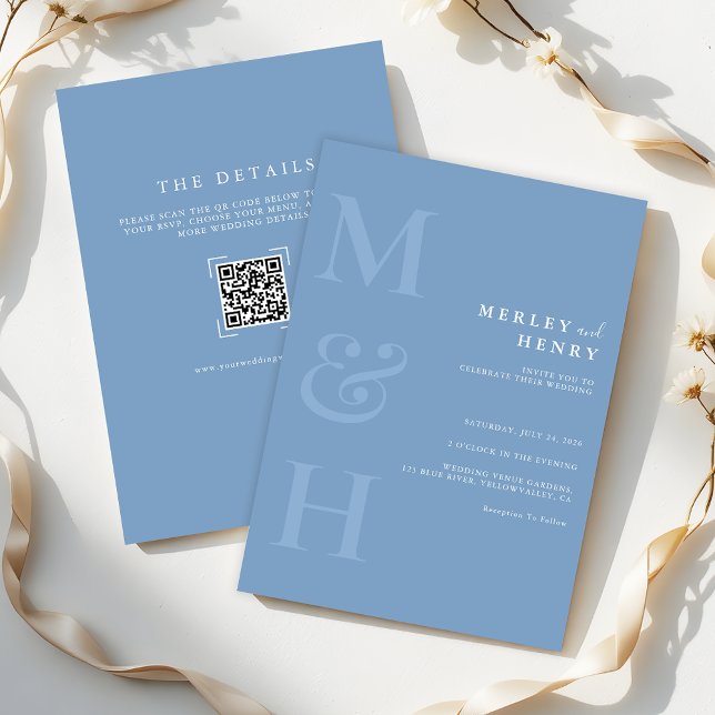 Staubblaues Monogramm QR Code All In One Hochzeit Einladung (Von Creator hochgeladen)