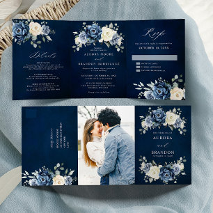 Staubblaues Navy Champagner Elfenbein Florales Dre Dreifach Gefaltete Ankündigung