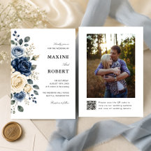 Staubblaues Navy- und Elfenbein-Rosen-QR-Code-Foto