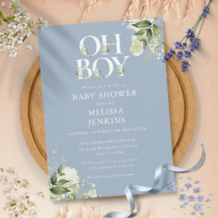 Staubblaues Oh-Boy-Botanik-Grünzeug-Baby-Shower Einladung