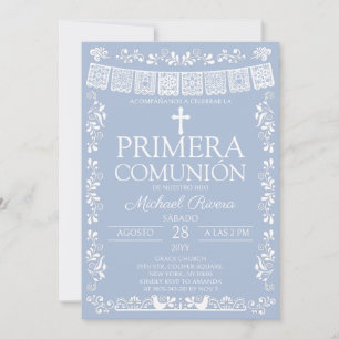 Staubblaues Papel Picado Primera Comunión Einladung