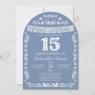 Staubblaues Papel Picado Quinceañera 15. Geburtsta Einladung