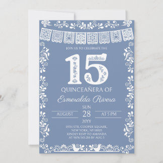 Staubblaues Papel Picado Quinceañera 15. Geburtsta Einladung
