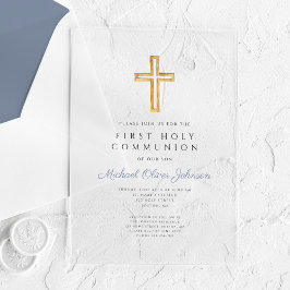 Staubblaues religiöses Kreuz Junge Erste Kommunion Acryleinladungen