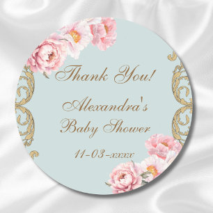 Staubblaues Rokoko-Blumen-Babyparty-Dankeschön Runder Aufkleber
