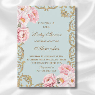 Staubblaues Rokoko-Vintage-Blumen-Baby-Shower Einladung