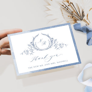 Staubblaues Schriftmonogramm, Aquarell-Hochzeitste Dankeskarte